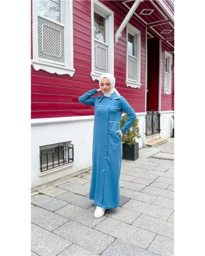 Yakalı Cepli Yandan Düğmeli Pamuklu Uzun Ferace 