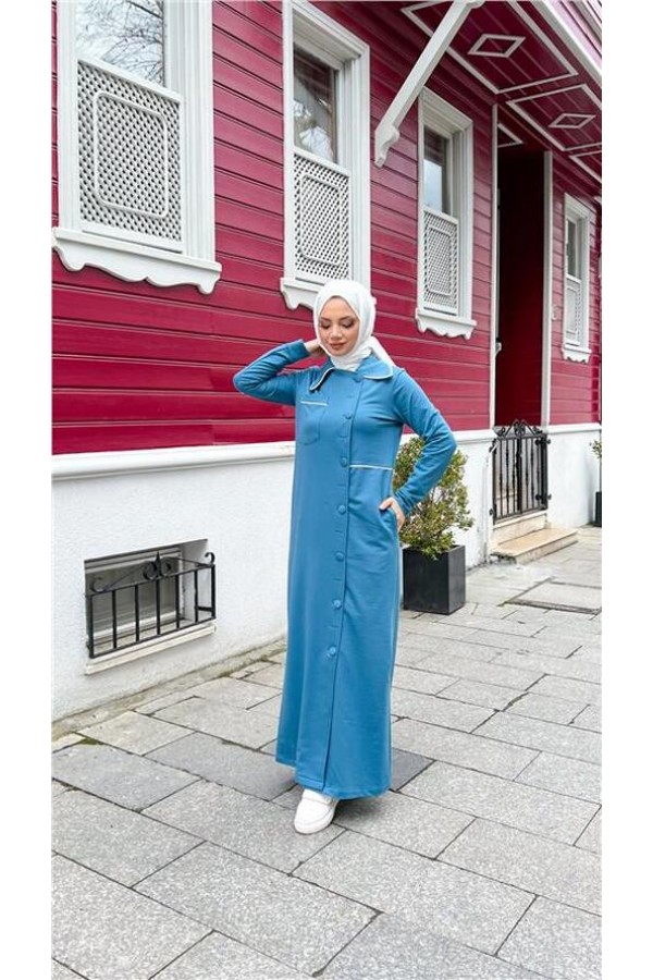 Yakalı Cepli Yandan Düğmeli Pamuklu Uzun Ferace 