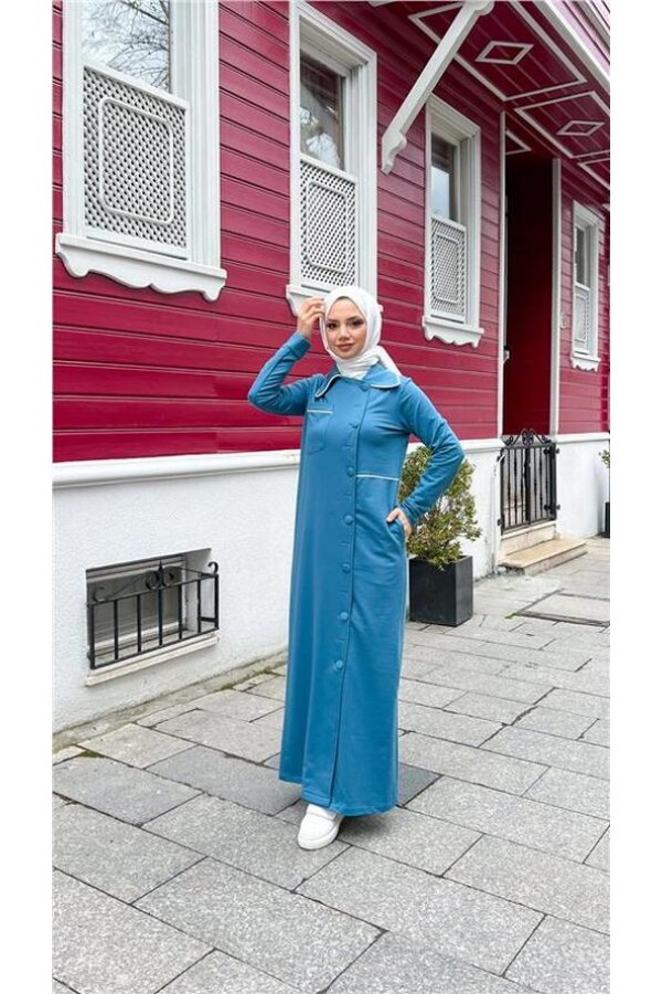 Yakalı Cepli Yandan Düğmeli Pamuklu Uzun Ferace 