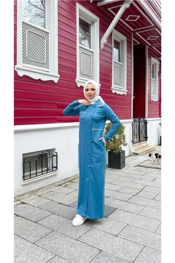 Yakalı Cepli Yandan Düğmeli Pamuklu Uzun Ferace 
