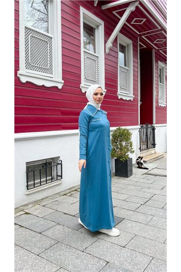 Yakalı Cepli Yandan Düğmeli Pamuklu Uzun Ferace 