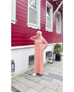 Yakalı Cepli Yandan Düğmeli Pamuklu Uzun Ferace 