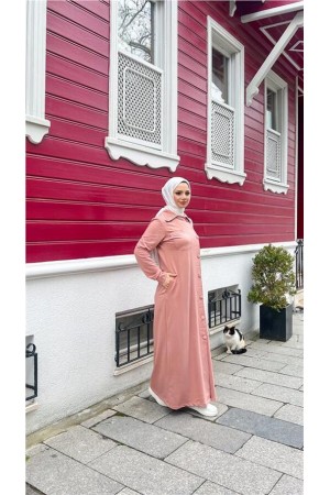 Yakalı Cepli Yandan Düğmeli Pamuklu Uzun Ferace 