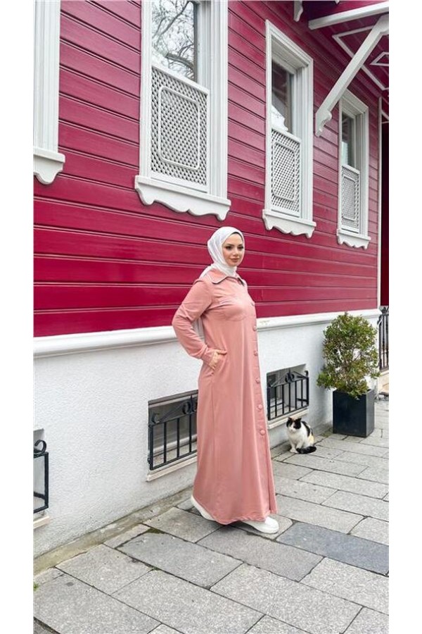 Yakalı Cepli Yandan Düğmeli Pamuklu Uzun Ferace 
