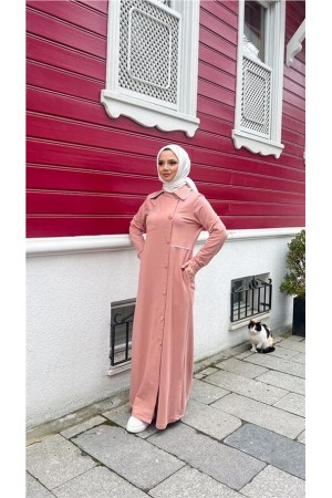 Yakalı Cepli Yandan Düğmeli Pamuklu Uzun Ferace 