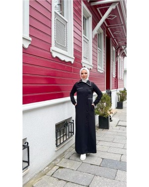 Long Cotton Abaya with Collar, Pockets, and Side Buttons