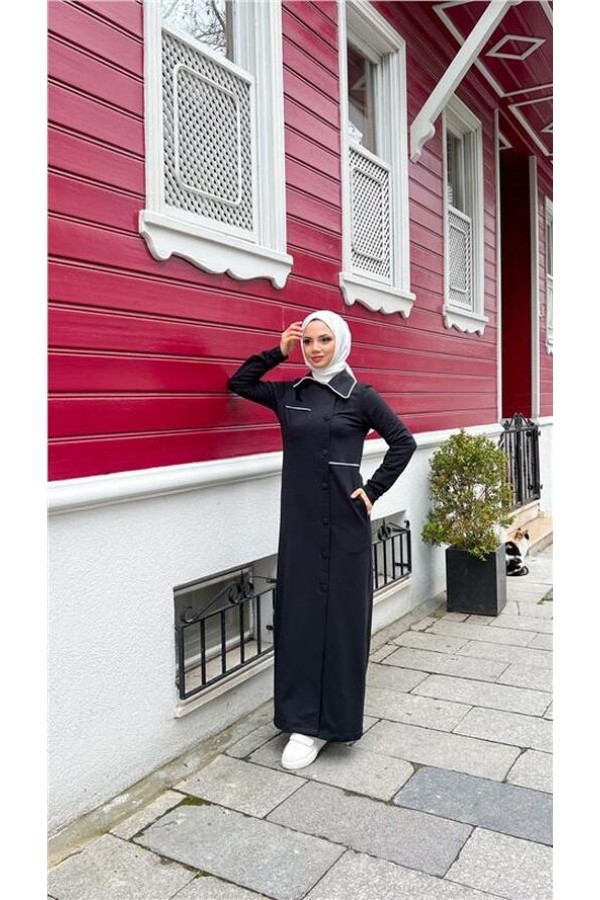 Yakalı Cepli Yandan Düğmeli Pamuklu Uzun Ferace 