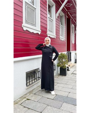 Long Cotton Abaya with Collar, Pockets, and Side Buttons