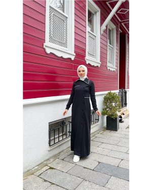 Long Cotton Abaya with Collar, Pockets, and Side Buttons