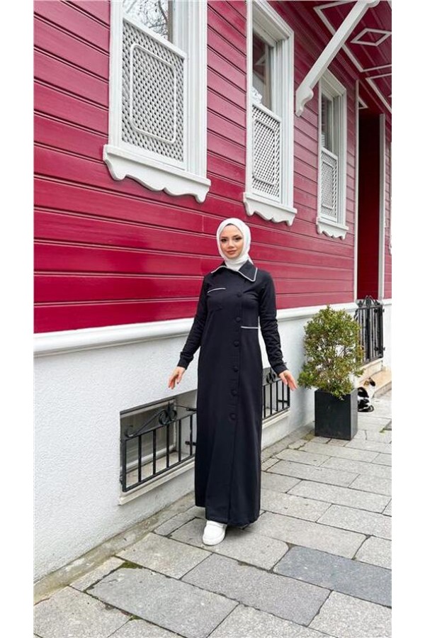 Yakalı Cepli Yandan Düğmeli Pamuklu Uzun Ferace 
