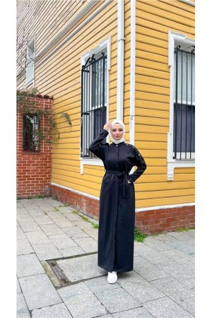 O Yaka Belden Bağlamalı Cepli Pamuklu Uzun Ferace 