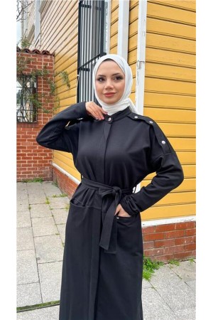 O Yaka Belden Bağlamalı Cepli Pamuklu Uzun Ferace 