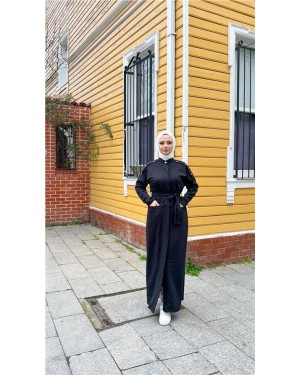 O-Neck, Waist-Tie, Pocketed, Cotton Long Abaya