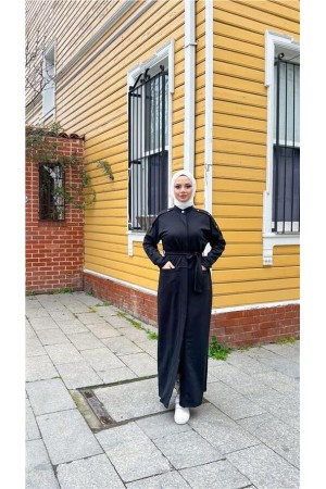 O Yaka Belden Bağlamalı Cepli Pamuklu Uzun Ferace 