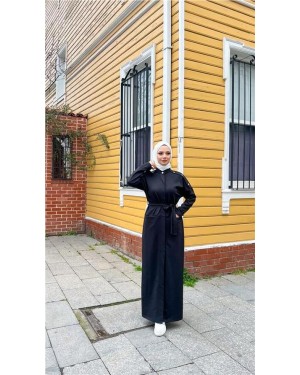 O-Neck, Waist-Tie, Pocketed, Cotton Long Abaya