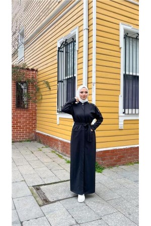 O Yaka Belden Bağlamalı Cepli Pamuklu Uzun Ferace 