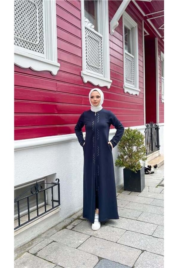O Yaka Fermuarlı Yan Cepli Pamuklu Uzun Ferace 