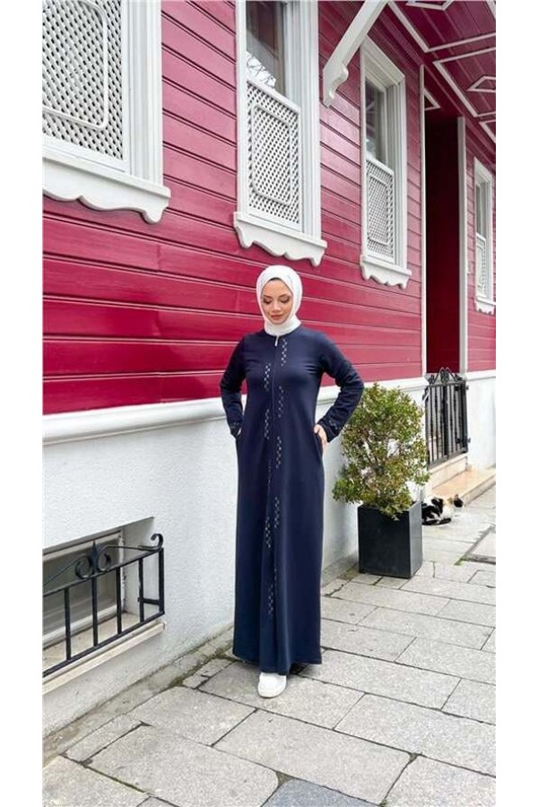 O Yaka Fermuarlı Yan Cepli Pamuklu Uzun Ferace 