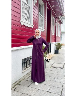 O Yaka Fermuarlı Yan Cepli Pamuklu Uzun Ferace 