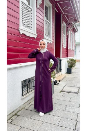 Crew Neck Long Cotton Abaya with Zipper and Side Pockets