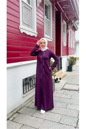Crew Neck Long Cotton Abaya with Zipper and Side Pockets