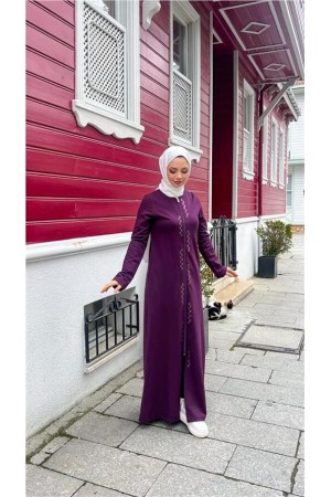 Crew Neck Long Cotton Abaya with Zipper and Side Pockets