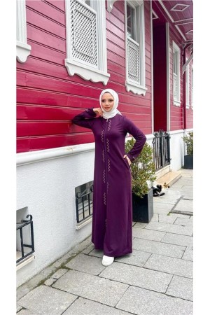 Crew Neck Long Cotton Abaya with Zipper and Side Pockets