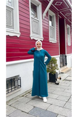 O Yaka Fermuarlı Yan Cepli Pamuklu Uzun Ferace 