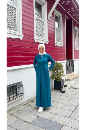 O Yaka Fermuarlı Yan Cepli Pamuklu Uzun Ferace 