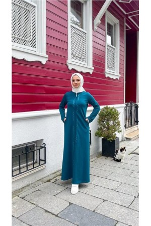 O Yaka Fermuarlı Yan Cepli Pamuklu Uzun Ferace 