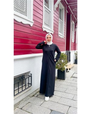 Crew Neck Long Cotton Abaya with Zipper and Side Pockets