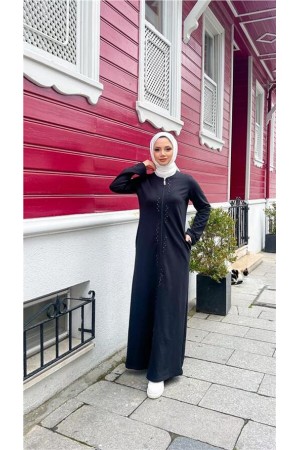 O Yaka Fermuarlı Yan Cepli Pamuklu Uzun Ferace 