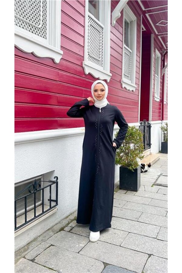 O Yaka Fermuarlı Yan Cepli Pamuklu Uzun Ferace 