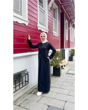 Crew Neck Long Cotton Abaya with Zipper and Side Pockets