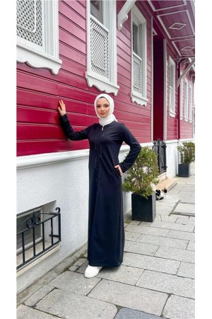 O Yaka Fermuarlı Yan Cepli Pamuklu Uzun Ferace 