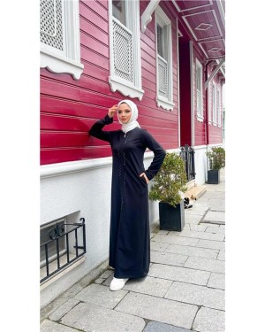 Crew Neck Long Cotton Abaya with Zipper and Side Pockets