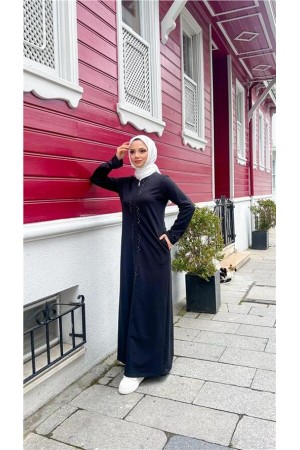 O Yaka Fermuarlı Yan Cepli Pamuklu Uzun Ferace 