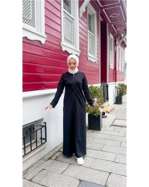 Crew Neck Long Cotton Abaya with Zipper and Side Pockets