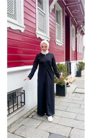 O Yaka Fermuarlı Yan Cepli Pamuklu Uzun Ferace 