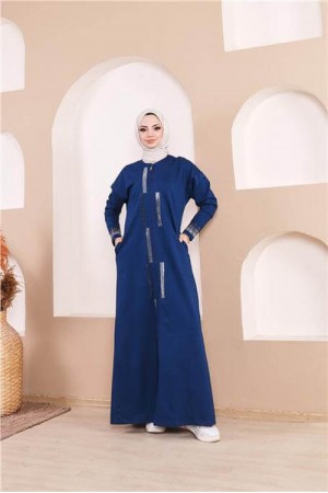 Taş Detaylı Fermuarlı Cepli Uzun Ferace 