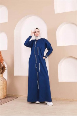 Taş Detaylı Fermuarlı Cepli Uzun Ferace 