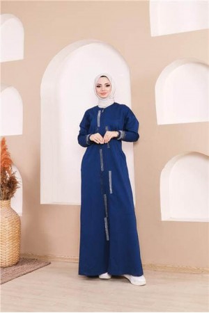 Taş Detaylı Fermuarlı Cepli Uzun Ferace 