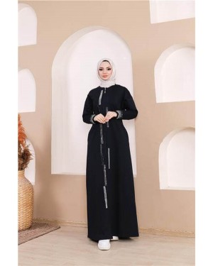 Taş Detaylı Fermuarlı Cepli Uzun Ferace 