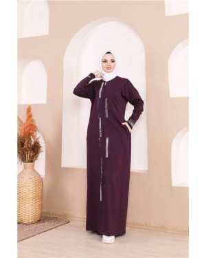 Taş Detaylı Fermuarlı Cepli Uzun Ferace 