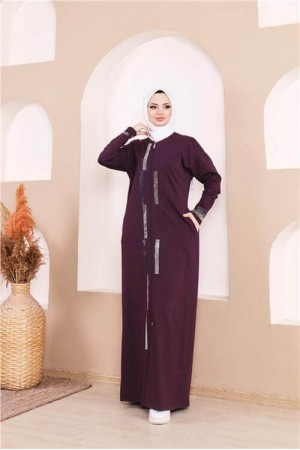 Taş Detaylı Fermuarlı Cepli Uzun Ferace 