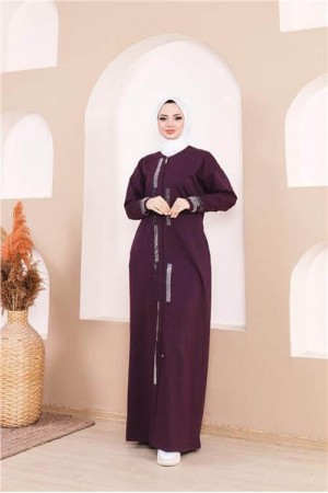 Taş Detaylı Fermuarlı Cepli Uzun Ferace 