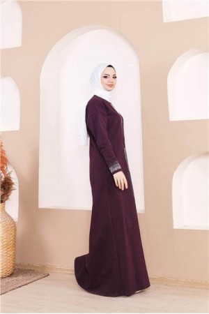 Taş Detaylı Fermuarlı Cepli Uzun Ferace 