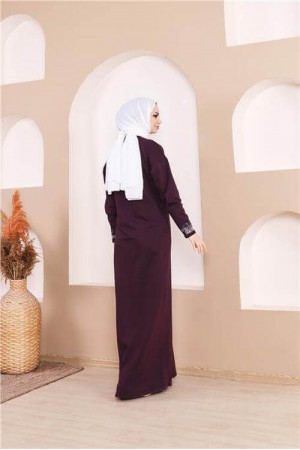 Taş Detaylı Fermuarlı Cepli Uzun Ferace 