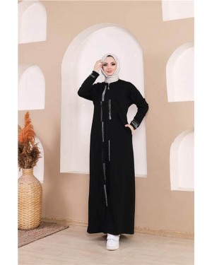 Long Abaya with Stone Details, Zipper and Pockets