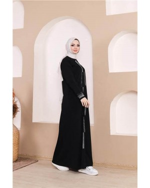Long Abaya with Stone Details, Zipper and Pockets